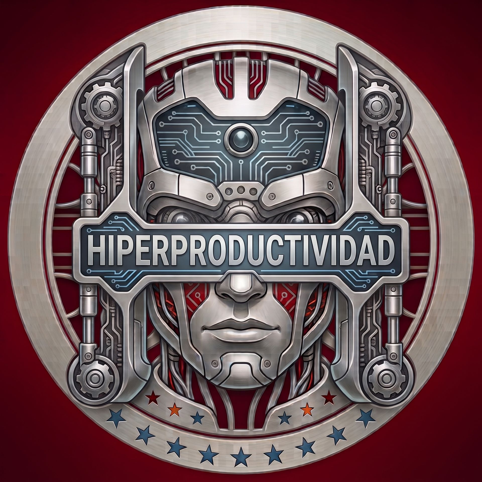 Logo de Hiperproductividad: rostro tecnológico sobre fondo rojo